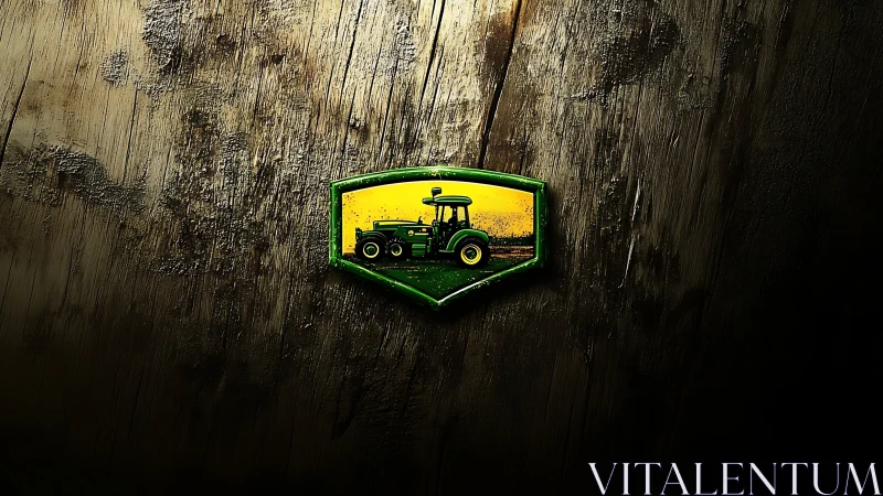 Emblematic green tractor badge on distressed timber surface.