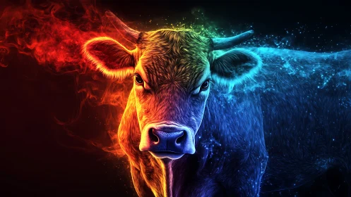 Cow portrait divides into red fire left and blue water right