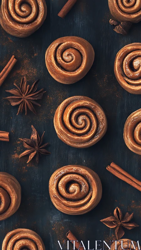 Cinnamon swirls march in neat rows across a midnight board