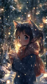 Winter forest girl gazes through softly falling golden snow