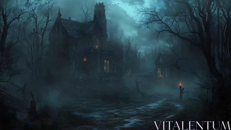 Foggy forest path leading to two dimly lit old houses.