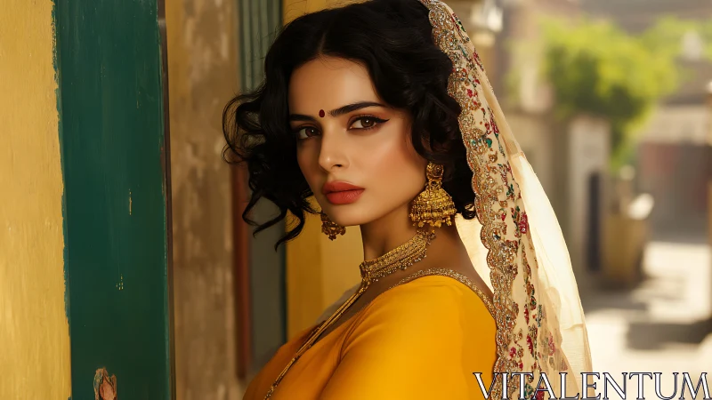 Woman in yellow saree with embroidered dupatta outdoors.