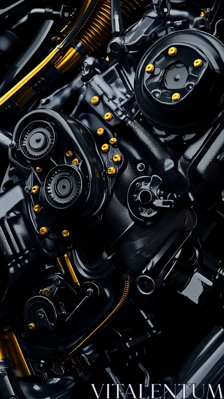 Close-up view of a dark metallic mechanical engine assembly.