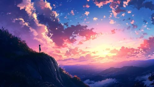 Silhouette observes expansive sunset sky over distant valley