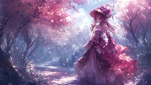 Female figure stands in pink forest path under diffuse light