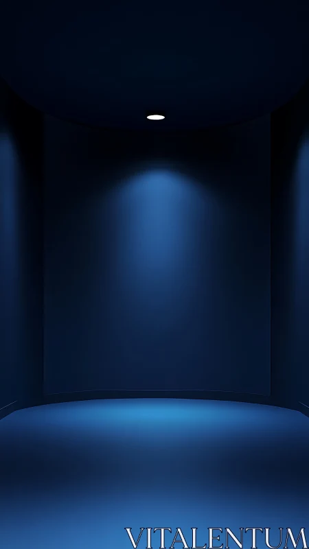 Minimalist blue corridor glows under a single ceiling light