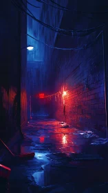 Moody neon alley glowing with rainlit blue and red light.