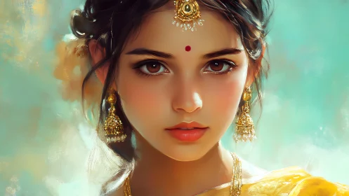 Digital portrait of woman with bindi and gold jewelry.