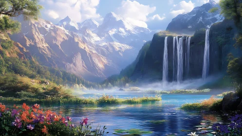 Waterfalls whisper sunrise secrets to snow crowned peaks