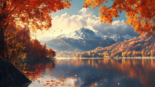 High dynamic range alpine lake with autumn foliage reflection