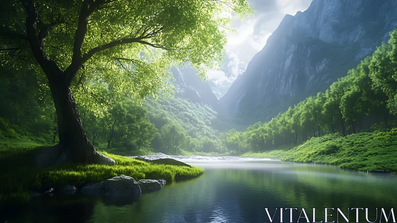 Sunlit river valley with lone tree and misted cliffs.