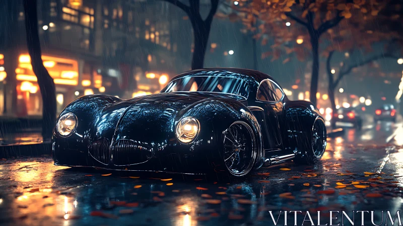 Retro sports coupe glows on wet neon city street at night.