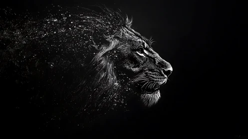 High-contrast lion profile dissolving into particle streak trails