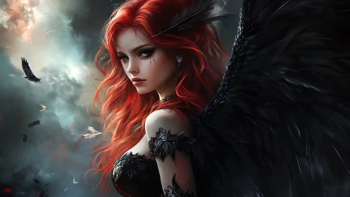 Scarlet fallen angel with obsidian wings in storm sky.