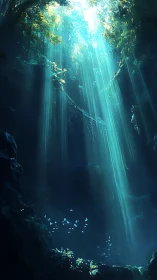 Sunlit forest chasm with deep shadows and glowing beams.