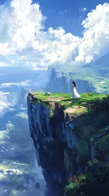 Atmospheric cliffside vista with solitary figure in white dress.