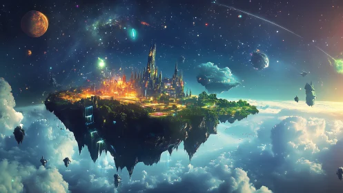Luminous floating city drifts through a vibrant cosmic sky