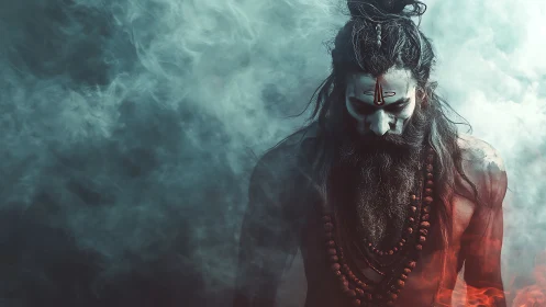 Topless bearded man with face paint stands in dense colored smoke