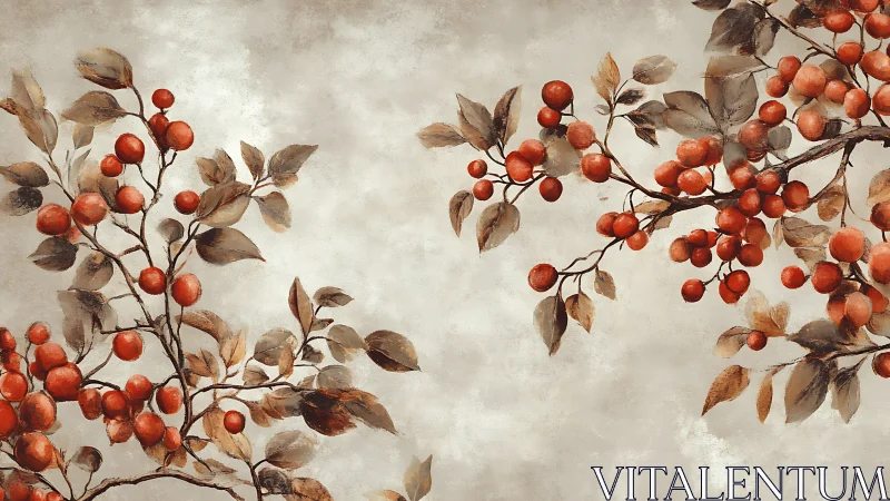 Berry clusters trade whispers across a misty parchment sky