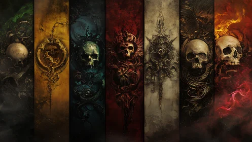 Digital painting triptych of elemental skull totems in panels.