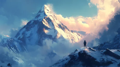 Solitary hiker greets a glowing snow peak at sunrise