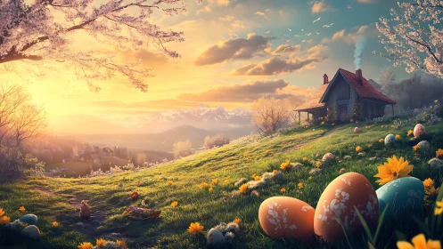 Digital painting of pastoral Easter hillside at golden hour.