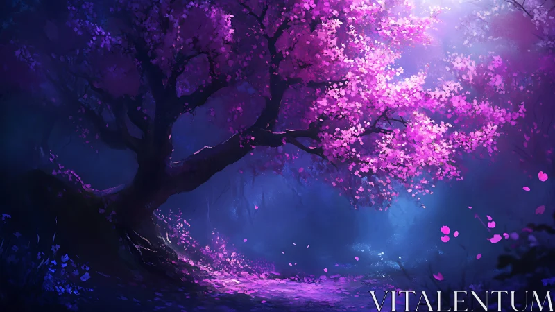 Luminescent cherry tree forms vivid focal point in ethereal forest