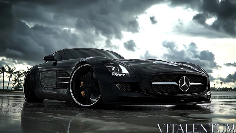 Storm-kissed black supercar prowling a glassy coastal runway.