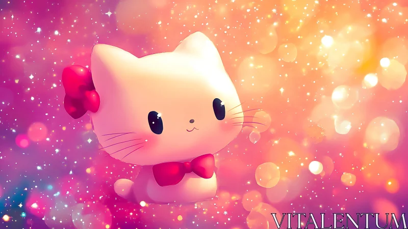 Cartoon white cat with red bows on bokeh background.