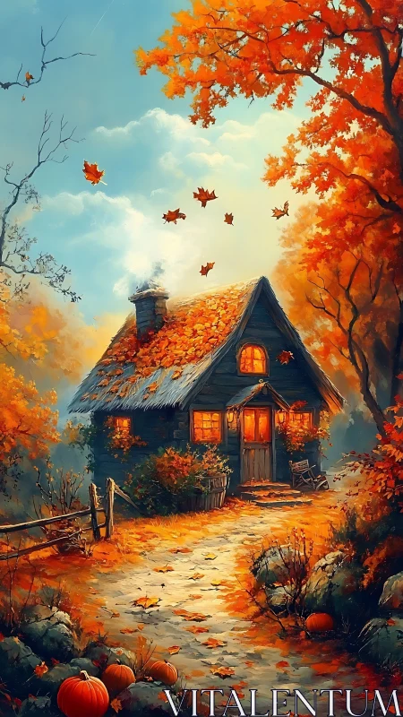 Cozy autumn forest cottage with warm glowing windows.