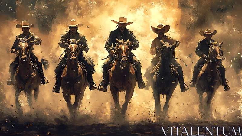 Digital painting of five cowboys charging through dust storm.
