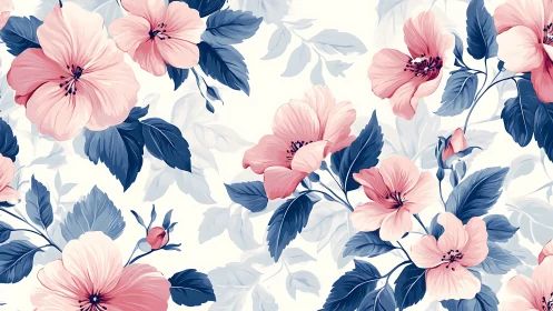 Floral pattern composed of pink and blue blooms on cream background.