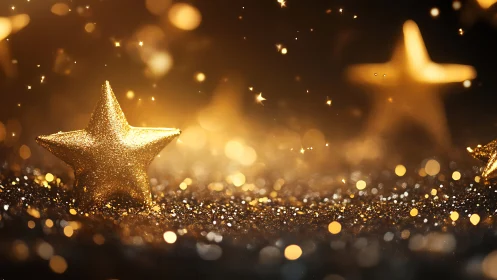 Golden glitter star macro with shallow depth and bokeh field