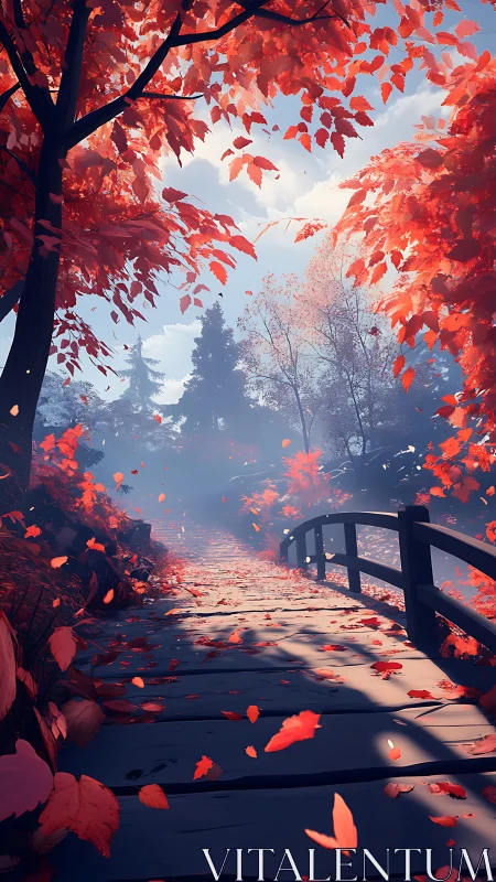 Autumn bridge pathway under swirling scarlet foliage at dawn.