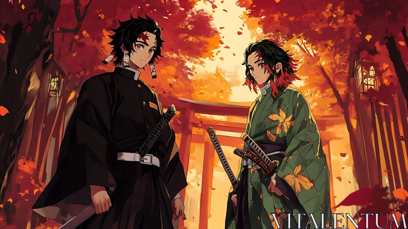 Autumn shrine duelists under a storm of ember-bright leaves.