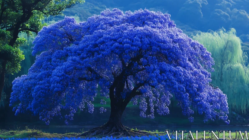 Majestic blue blossom tree in vibrant fantasy landscape painting.