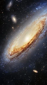 Spiral galaxy viewed edge-on with bright core and starfield