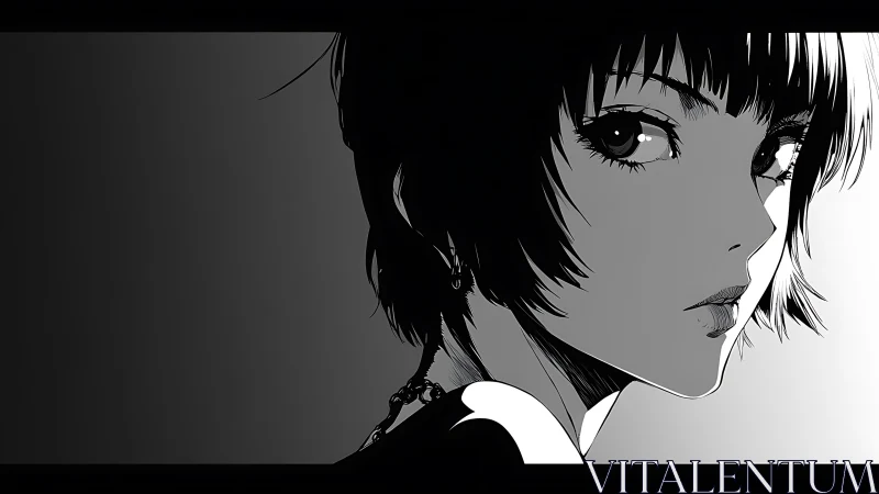 Monochrome anime portrait captures a pensive side glance.
