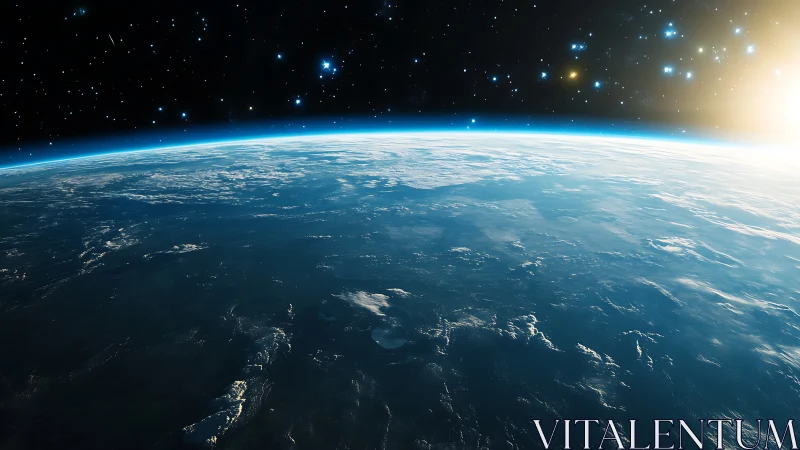 Gentle sunrise over Earth&rsquo;s glowing blue horizon from space.