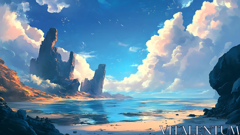 Coastal landscape with rock formations and turquoise water