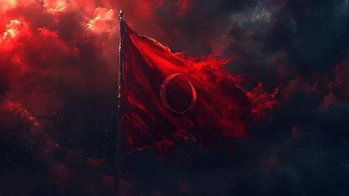 Digital painting of tattered crimson crescent flag in storm sky.
