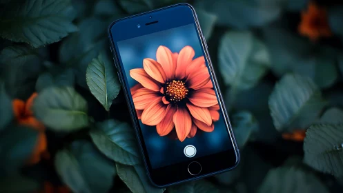 Smartphone displaying coral flower on natural garden background environment.
