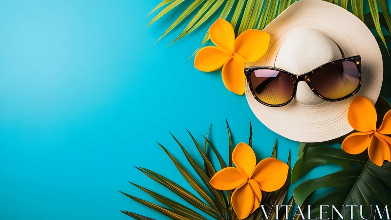 Sunny day escape with hat, sunglasses, and tropical blooms.