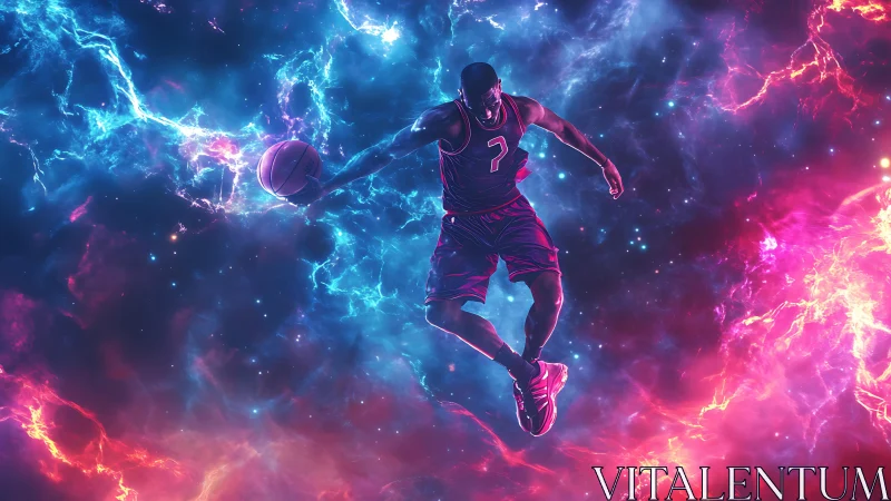 Basketball player midair in glowing cosmic nebula scene.