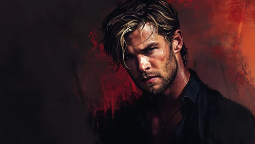 Brooding male portrait glows against intense red shadows