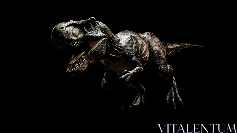Predatory T-Rex render emerging from deep black void.