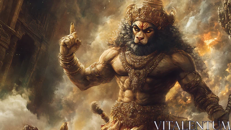 Mythic lion-warrior avatar amid incendiary temple ruins.