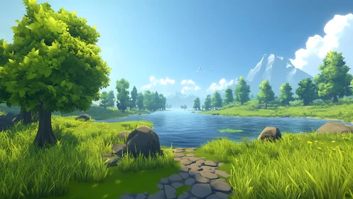 Sunlit river meadow cradled by distant crystal mountains.