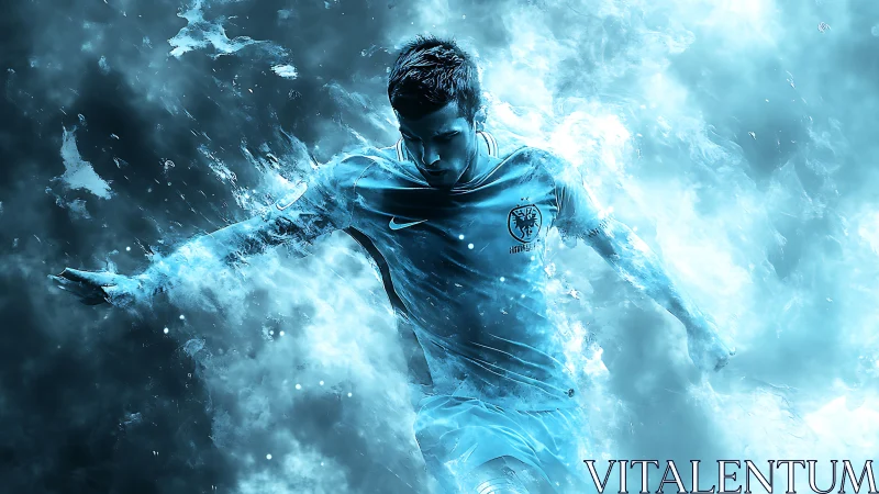 Soccer player rendered in dynamic blue energy motion