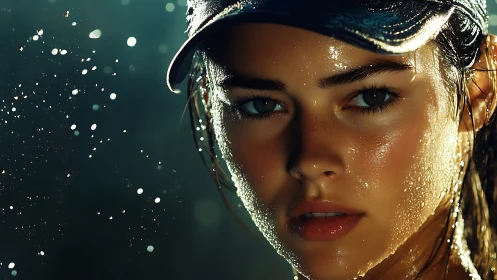 Hydrated athlete portrait under directional backlit water spray.